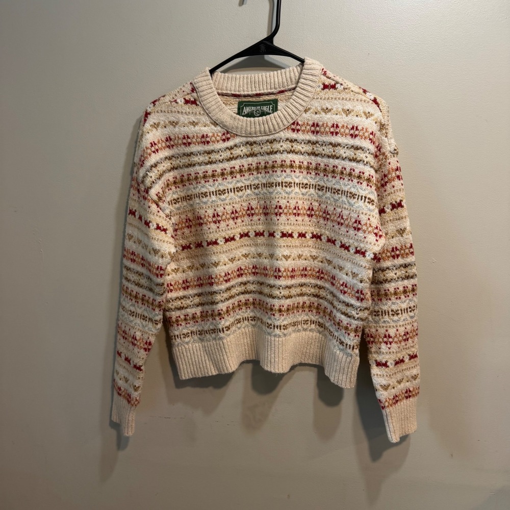American Eagle Womens Fair Isle Crewneck Sweater Cream Tan Red Knit Small 407 - Picture 1 of 7